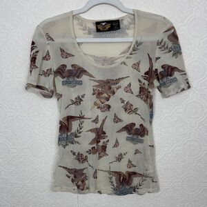 Vintage Y2K Harley-Davidson Sheer Mesh Top Eagle Rose Print Biker Tee Size Large